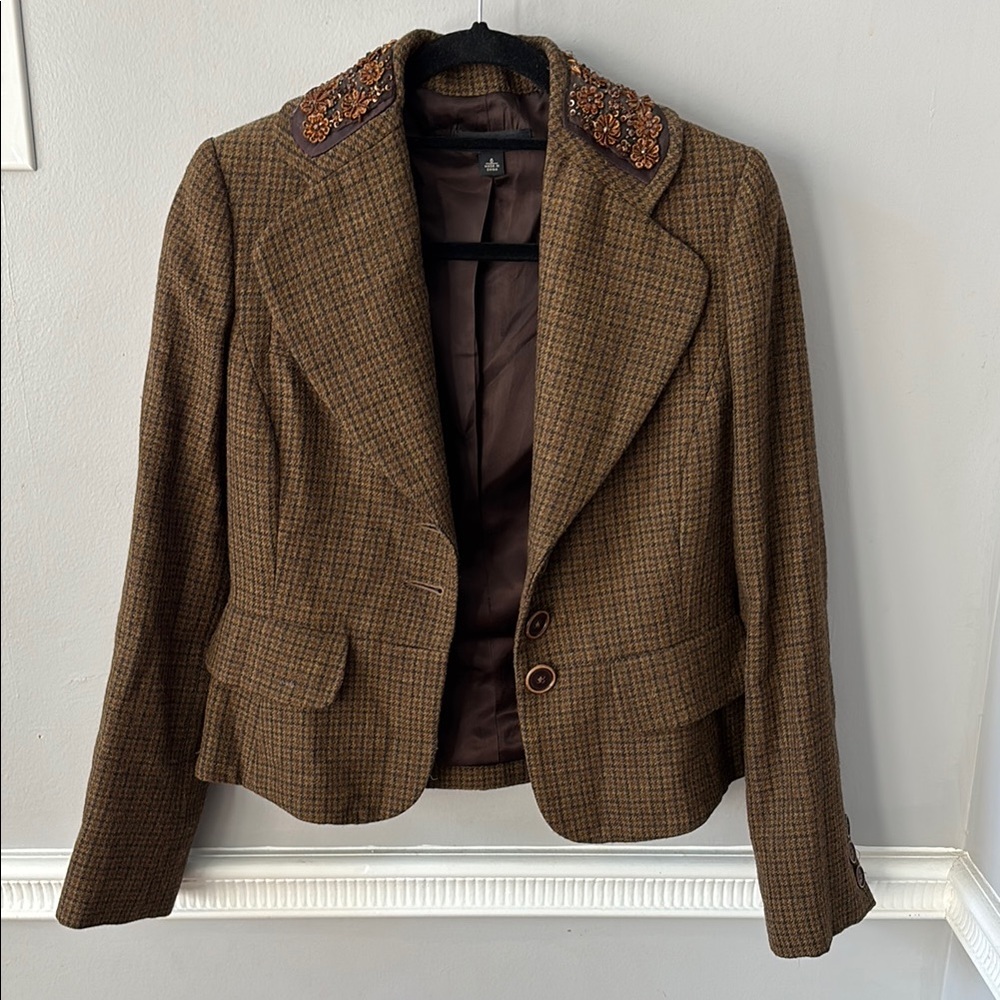 Brown Tweed Blazer with Embroidered Collar